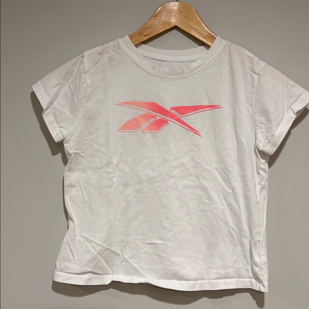 Reebok Girls White Logo Graphic Tee - Size 12 - Pink Vector Logo